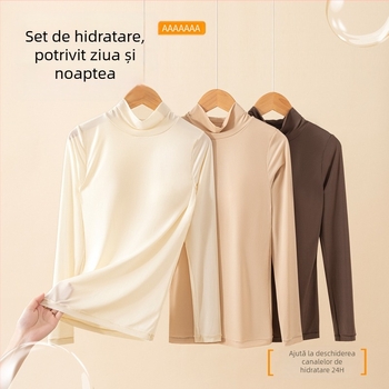 Top din nylon cu acid hialuronic, elasticitate înaltă, cupe integrate, guler semi-înalt, țesătură subțire, mâneci lungi