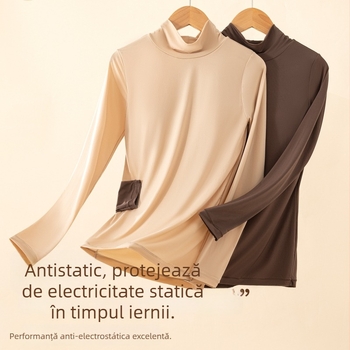 Top din nylon cu acid hialuronic, elasticitate înaltă, cupe integrate, guler semi-înalt, țesătură subțire, mâneci lungi