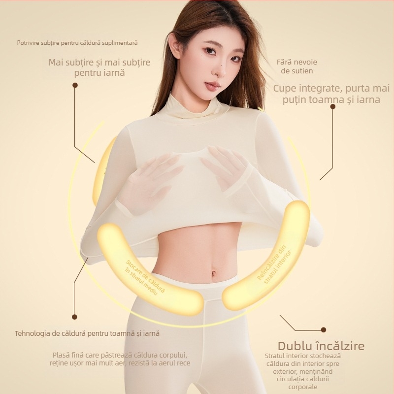 Top din nylon cu acid hialuronic, elasticitate înaltă, cupe integrate, guler semi-înalt, țesătură subțire, mâneci lungi