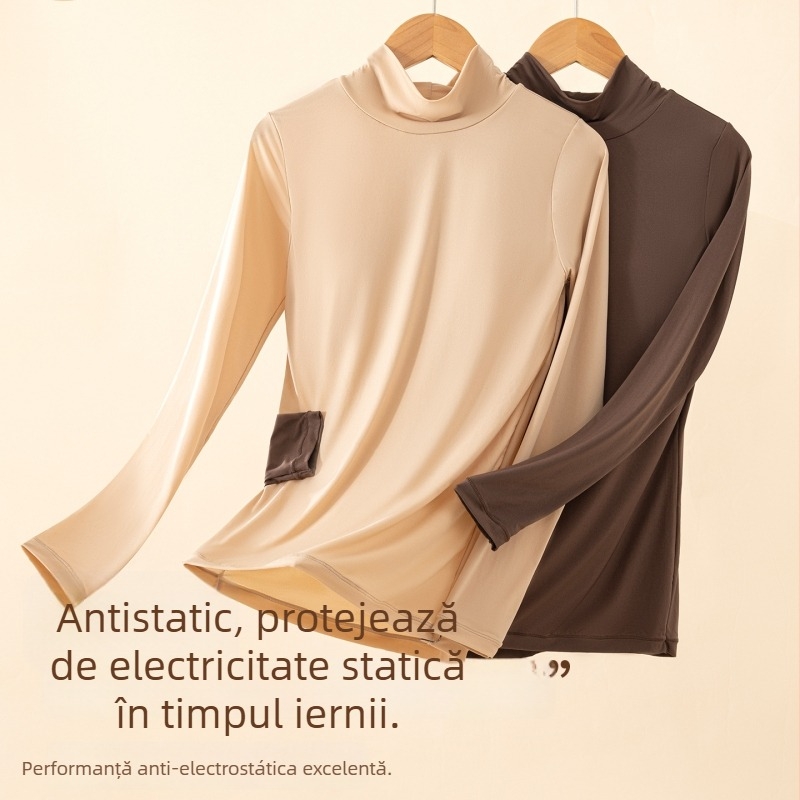 Top din nylon cu acid hialuronic, elasticitate înaltă, cupe integrate, guler semi-înalt, țesătură subțire, mâneci lungi