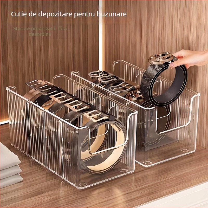 Cutie de depozitare pentru curele cu compartimente — PET, poate fi stivuită, capacitate 2 L, model dungat, stil lux discret
