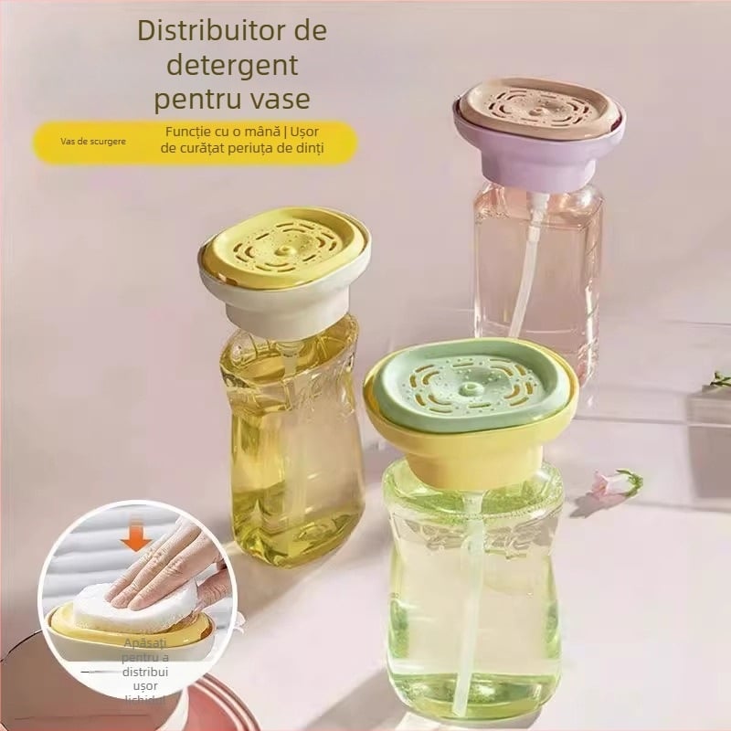 Distribuitor de detergent pentru vase, apăsare manuală, pentru chiuvetă — carcasă din PP cu etanșare din silicon, 90 g, finisaj neted, design modern minimalist