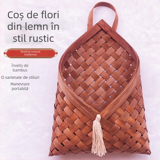 Coș de flori țesut manual, stil pastoral, suport de perete pentru plante, pentru fructe și legume, din bucăți de lemn
