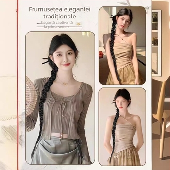 Perucă cu coadă și împletituri, stil chinezesc Hanfu, împletituri laterale, model Horsetail, fir rezistent la temperatură, pentru femei