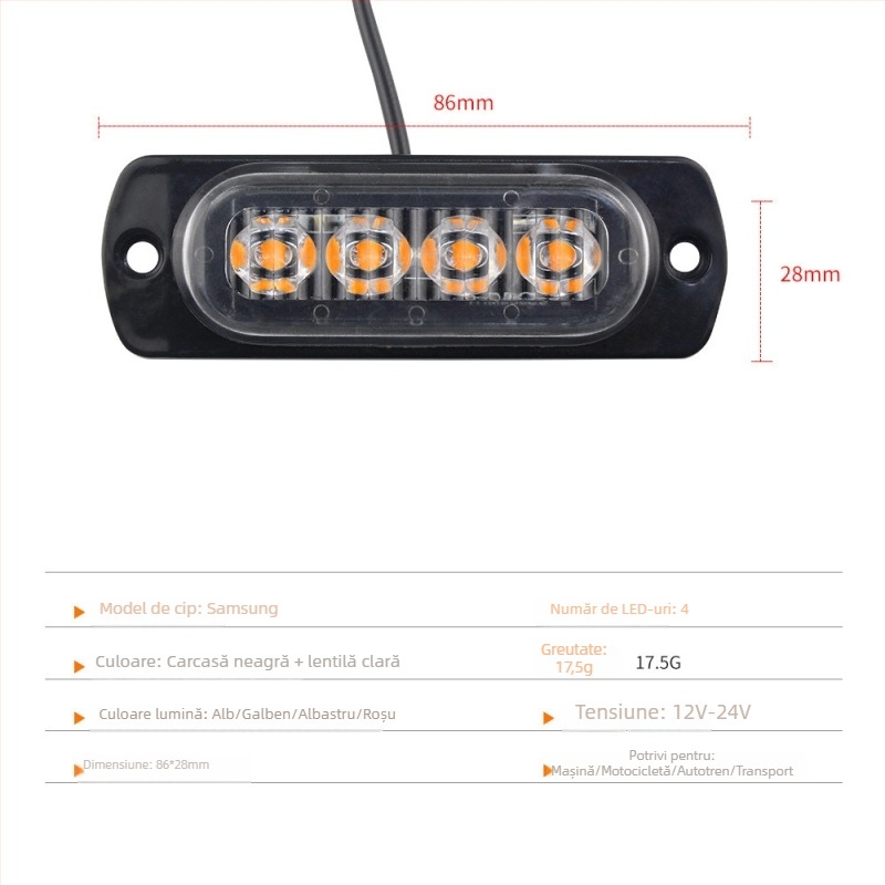 Lumină LED de avertizare laterală pentru automobil Bd-4led 12-24V 4W 3030 LED, 5000h, Universal