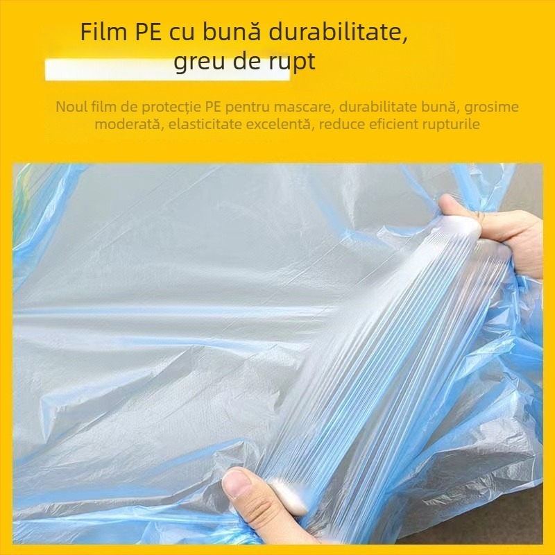 Film de mască auto pentru vopsire, rezistent la temperaturi înalte, aderență electrostatică fără cusur; material: hârtie+PE, grosime 60–70 μm, bază din hârtie texturată, transparență 80%