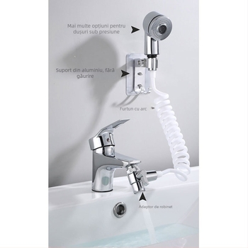 Set duș cu patru piese pentru spălarea părului, reglaj cu două viteze, ABS, model XTHS-02, instalație spirală, funcții: stropire, masaj, ploaie