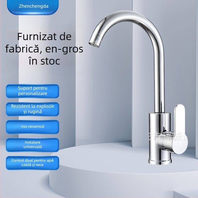 Robinet bucătărie din oțel inoxidabil, amestec cald și rece, montaj vertical, deschidere prin ridicare, disc ceramic
