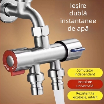 Valvă diverter pentru mașina de spălat – fără demontare, conectare rapidă, 3- căi, adaptor 1:2, oțel inoxidabil, disc ceramic