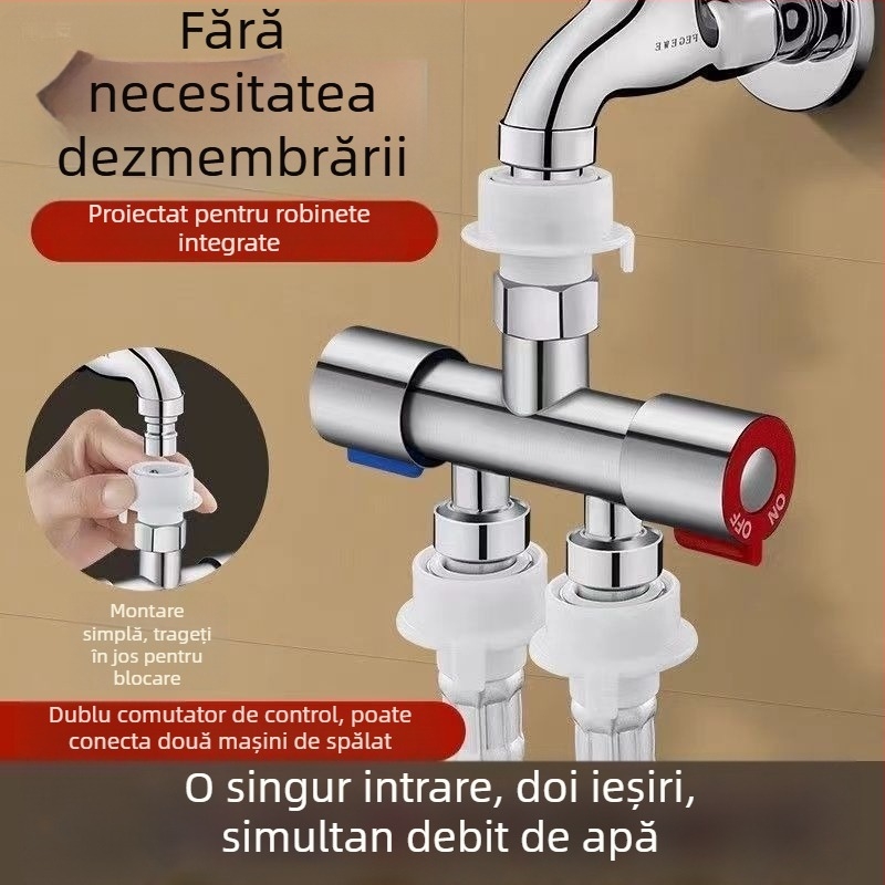 Valvă diverter pentru mașina de spălat – fără demontare, conectare rapidă, 3- căi, adaptor 1:2, oțel inoxidabil, disc ceramic