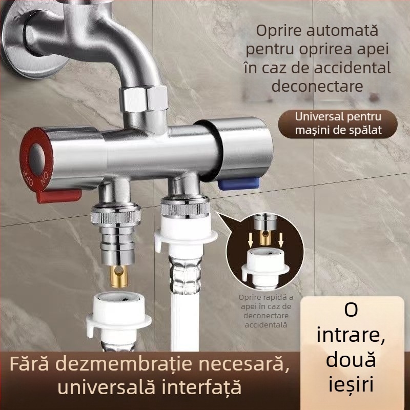 Valvă diverter pentru mașina de spălat – fără demontare, conectare rapidă, 3- căi, adaptor 1:2, oțel inoxidabil, disc ceramic