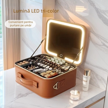 Geantă de machiaj cu LED și oglindă, portabilă, cu capacitate mare, compartiment detașabil și deschidere cu fermoar