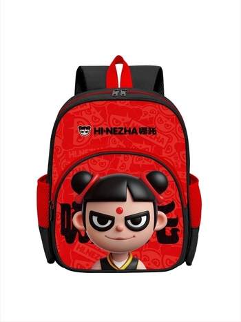 Cool rucsac școlar Nezha unisex – poliester, bretele cu pernă de aer, respirabil, rezistent la purtare, stil jucăuș cu model Nezha pentru utilizare școlară (Primăvara 2025)