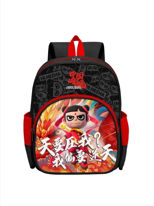 Cool rucsac școlar Nezha unisex – poliester, bretele cu pernă de aer, respirabil, rezistent la purtare, stil jucăuș cu model Nezha pentru utilizare școlară (Primăvara 2025)
