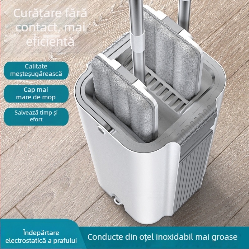 Set mopă și găleată, cap plat, mâner telescopic 120–140 cm, microfibră 33×12 cm, tijă din oțel inoxidabil