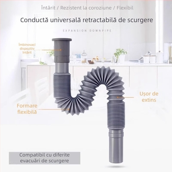 Set țevi scurgeri chiuvetă bucătărie, din plastic, formă S, mecanism de tragere, anti miros, extensie