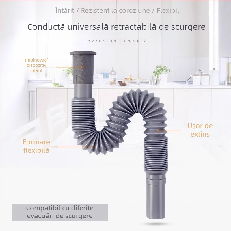 Set țevi scurgeri chiuvetă bucătărie, din plastic, formă S, mecanism de tragere, anti miros, extensie