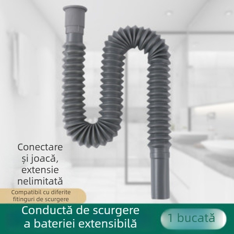 Set țevi scurgeri chiuvetă bucătărie, din plastic, formă S, mecanism de tragere, anti miros, extensie