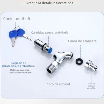 Robinet de pereți pentru mașina de spălat, cu lacăt, deschidere rapidă pentru apă rece, cartuș ceramic, intrare/ieșire 13 mm, corp din aliaj de zinc, finisaj electroplate
