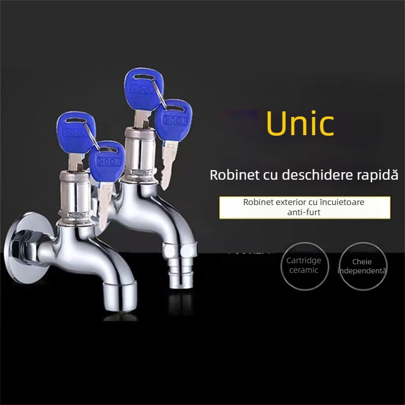 Robinet de pereți pentru mașina de spălat, cu lacăt, deschidere rapidă pentru apă rece, cartuș ceramic, intrare/ieșire 13 mm, corp din aliaj de zinc, finisaj electroplate