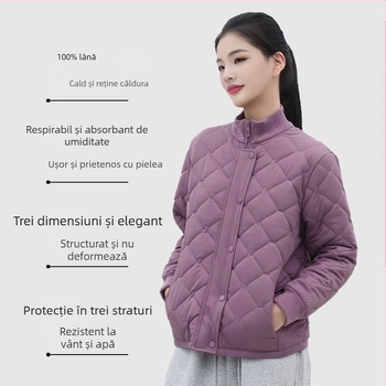 Cardigan-jachetă din lână, umplere 100% lână; țesătură poliester cu elastan; model dungat/carouri; guler înalt; mâneci lungi