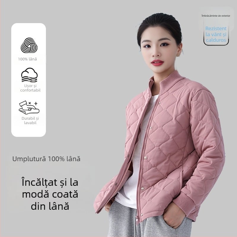 Cardigan-jachetă din lână, umplere 100% lână; țesătură poliester cu elastan; model dungat/carouri; guler înalt; mâneci lungi