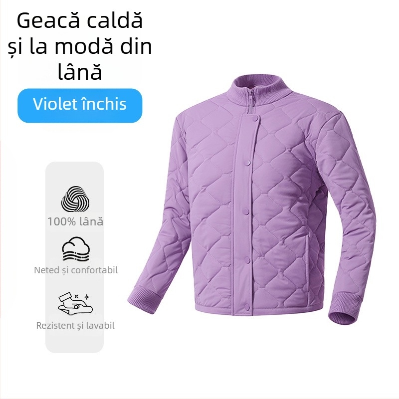 Cardigan-jachetă din lână, umplere 100% lână; țesătură poliester cu elastan; model dungat/carouri; guler înalt; mâneci lungi