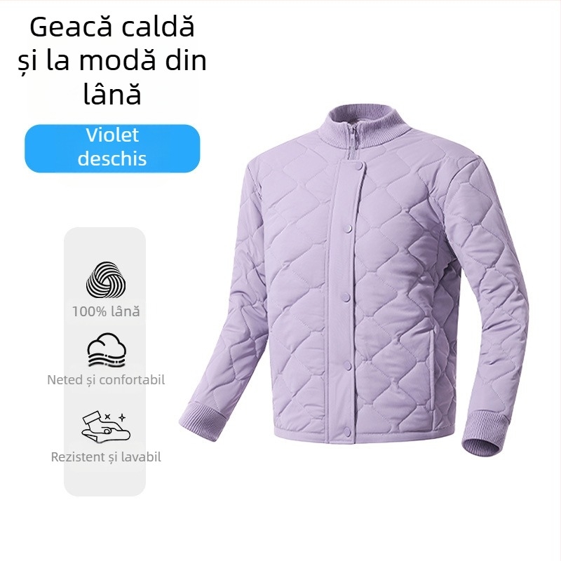 Cardigan-jachetă din lână, umplere 100% lână; țesătură poliester cu elastan; model dungat/carouri; guler înalt; mâneci lungi