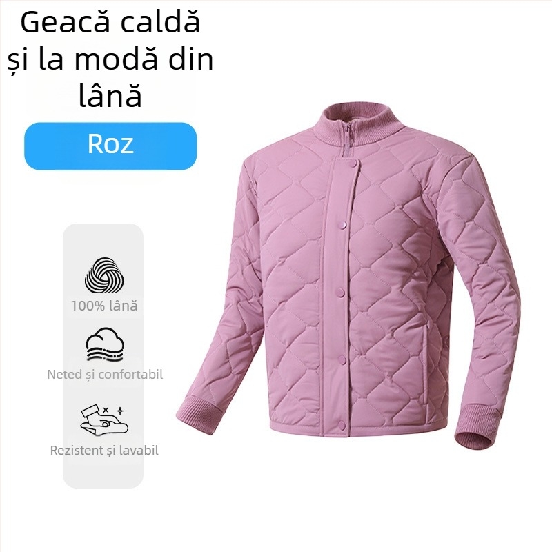 Cardigan-jachetă din lână, umplere 100% lână; țesătură poliester cu elastan; model dungat/carouri; guler înalt; mâneci lungi