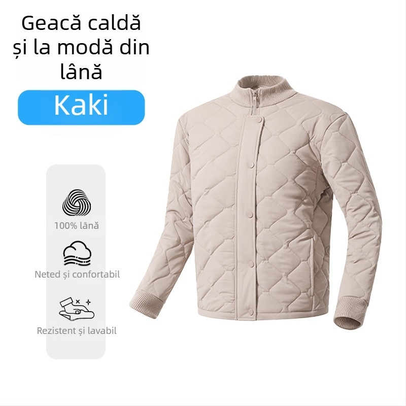 Cardigan-jachetă din lână, umplere 100% lână; țesătură poliester cu elastan; model dungat/carouri; guler înalt; mâneci lungi