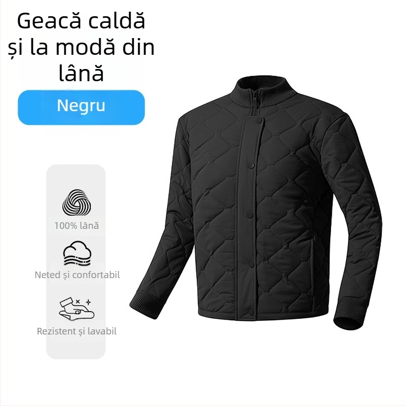 Cardigan-jachetă din lână, umplere 100% lână; țesătură poliester cu elastan; model dungat/carouri; guler înalt; mâneci lungi