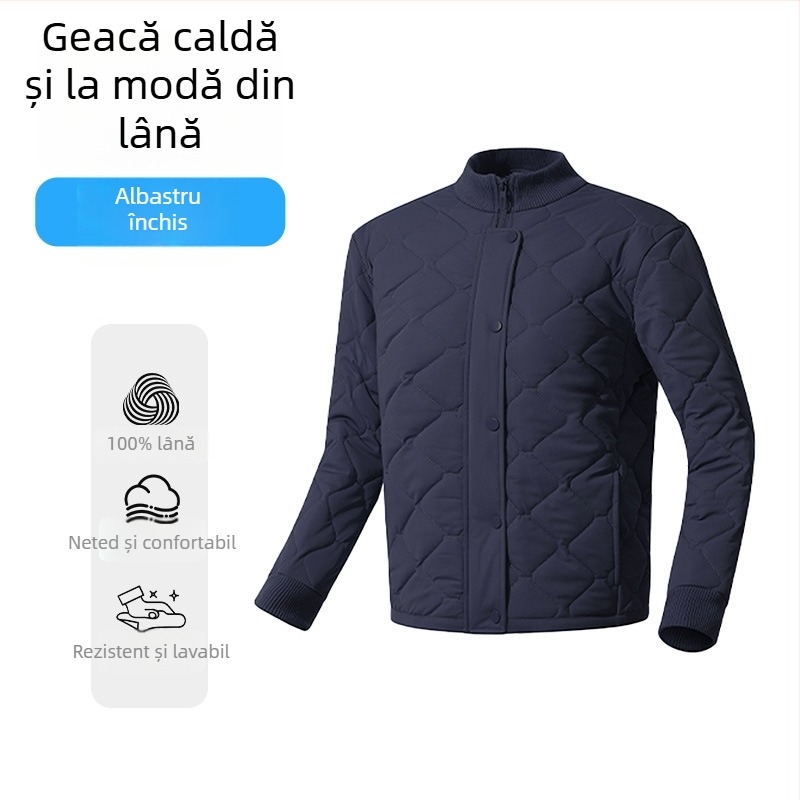 Cardigan-jachetă din lână, umplere 100% lână; țesătură poliester cu elastan; model dungat/carouri; guler înalt; mâneci lungi