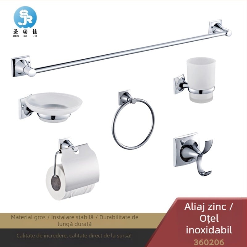 Suport pentru prosoape de baie - suprafață cromată, aliaj de zinc + oțel inoxidabil, stil modern simplu, set de șase piese sau mai mult