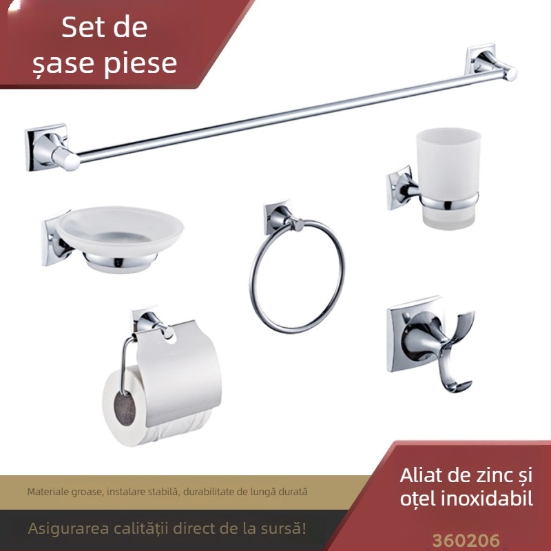 Suport pentru prosoape de baie - suprafață cromată, aliaj de zinc + oțel inoxidabil, stil modern simplu, set de șase piese sau mai mult