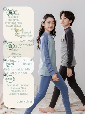 Set termic pentru copii (top și pantaloni) din 100% bumbac, țesătură subțire, finisaj moale, pentru toamnă și iarnă, pentru copii de peste 8 ani