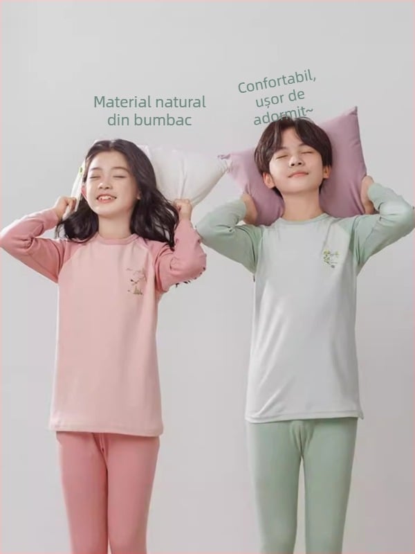 Set termic pentru copii (top și pantaloni) din 100% bumbac, țesătură subțire, finisaj moale, pentru toamnă și iarnă, pentru copii de peste 8 ani