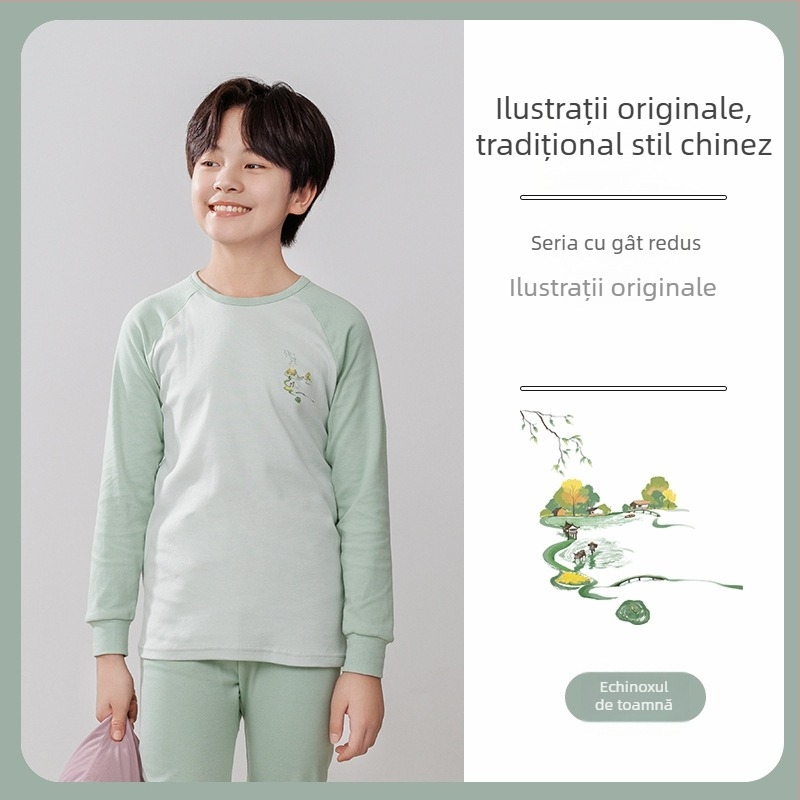 Set termic pentru copii (top și pantaloni) din 100% bumbac, țesătură subțire, finisaj moale, pentru toamnă și iarnă, pentru copii de peste 8 ani