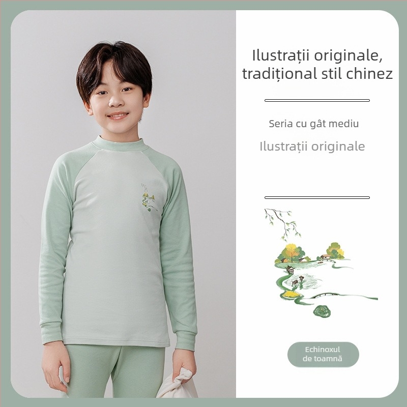 Set termic pentru copii (top și pantaloni) din 100% bumbac, țesătură subțire, finisaj moale, pentru toamnă și iarnă, pentru copii de peste 8 ani