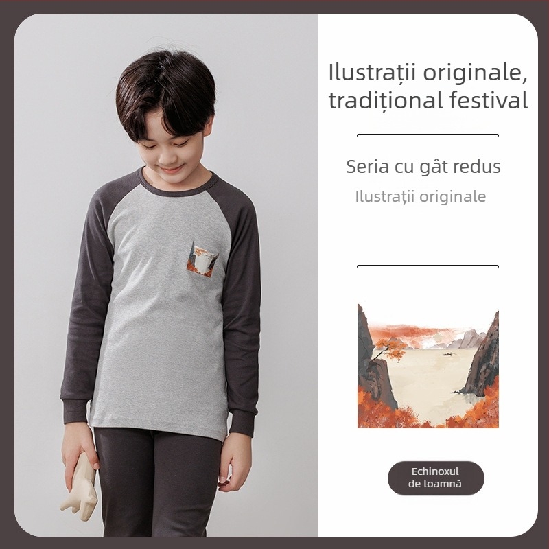 Set termic pentru copii (top și pantaloni) din 100% bumbac, țesătură subțire, finisaj moale, pentru toamnă și iarnă, pentru copii de peste 8 ani