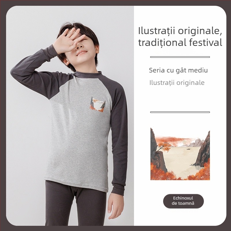 Set termic pentru copii (top și pantaloni) din 100% bumbac, țesătură subțire, finisaj moale, pentru toamnă și iarnă, pentru copii de peste 8 ani