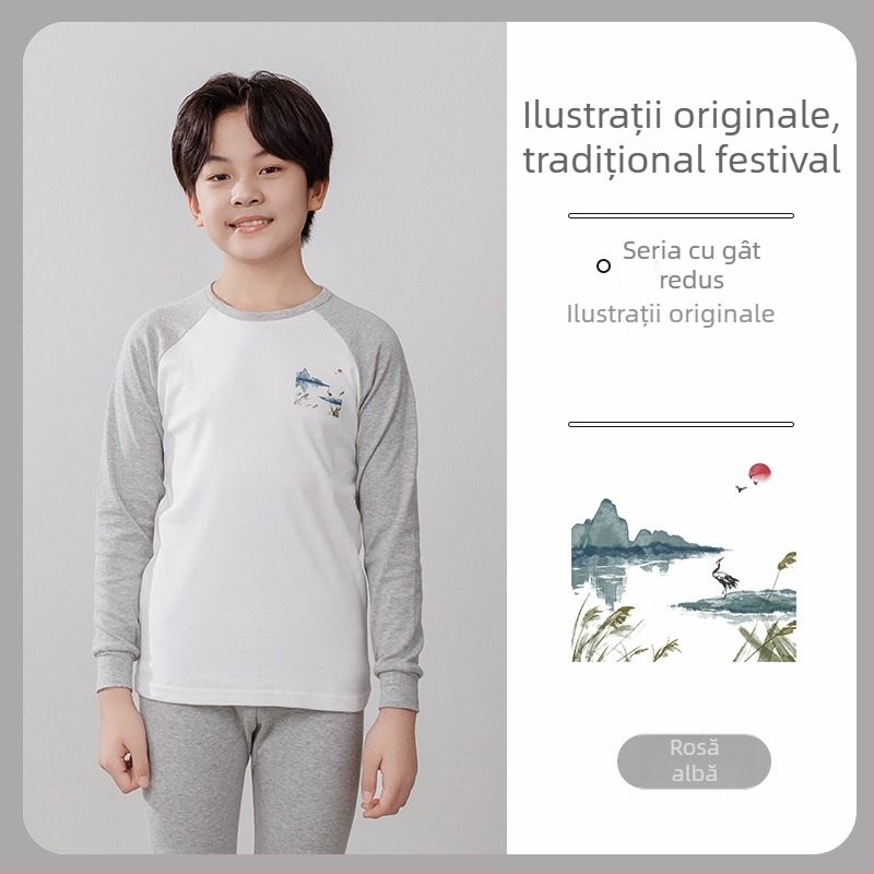 Set termic pentru copii (top și pantaloni) din 100% bumbac, țesătură subțire, finisaj moale, pentru toamnă și iarnă, pentru copii de peste 8 ani