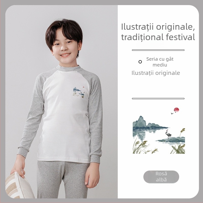 Set termic pentru copii (top și pantaloni) din 100% bumbac, țesătură subțire, finisaj moale, pentru toamnă și iarnă, pentru copii de peste 8 ani