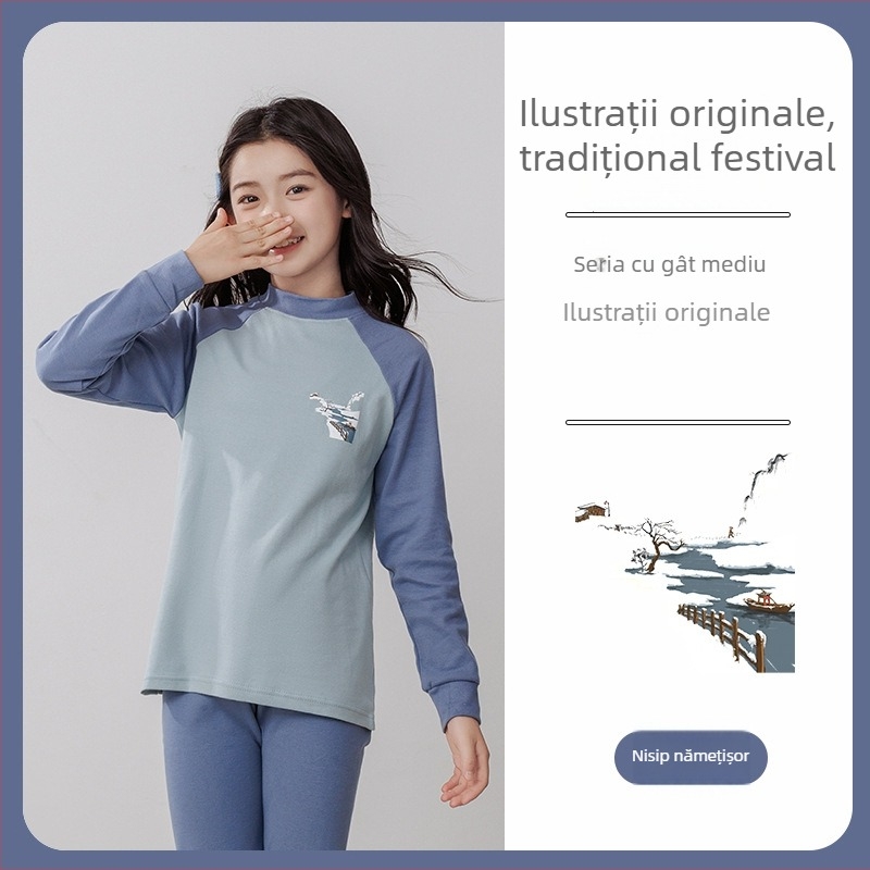 Set termic pentru copii (top și pantaloni) din 100% bumbac, țesătură subțire, finisaj moale, pentru toamnă și iarnă, pentru copii de peste 8 ani