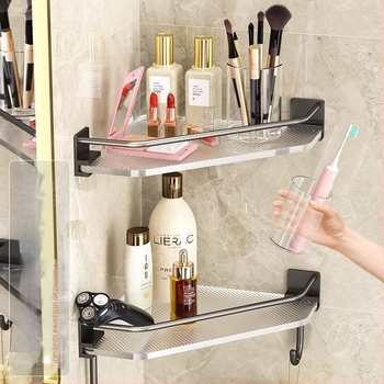 Raft de colț pentru baie, montat pe perete, fără găuri, încărcare 10 kg, material plastic + aluminiu, formă: colț fan, 1 nivel, suprafața tratată prin injecție + vopsire cu cuptor