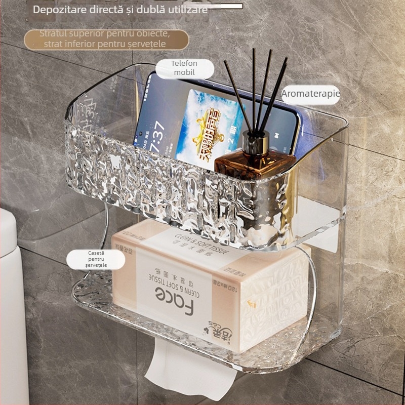 Cutie de depozitare pentru baie, montată pe perete — pătrată, din plastic, stil modern minimalist, pentru hârtie igienică, șervețele umede, absorbante igienice și telefon