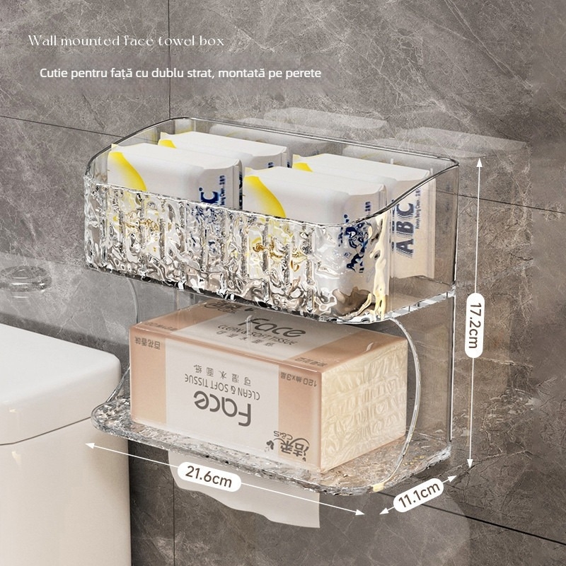 Cutie de depozitare pentru baie, montată pe perete — pătrată, din plastic, stil modern minimalist, pentru hârtie igienică, șervețele umede, absorbante igienice și telefon