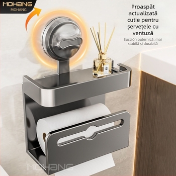 Cutie de șervețele montată pe perete cu ventuză pentru baie – oțel de carbon, impermeabilă, multifuncțională, compatibilă cu șervețele de hârtie detașabile