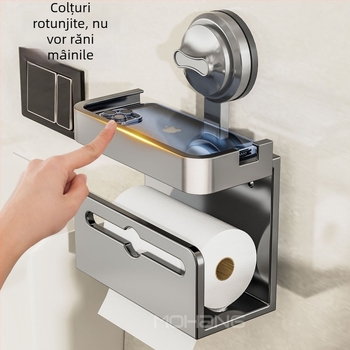 Cutie de șervețele montată pe perete cu ventuză pentru baie – oțel de carbon, impermeabilă, multifuncțională, compatibilă cu șervețele de hârtie detașabile