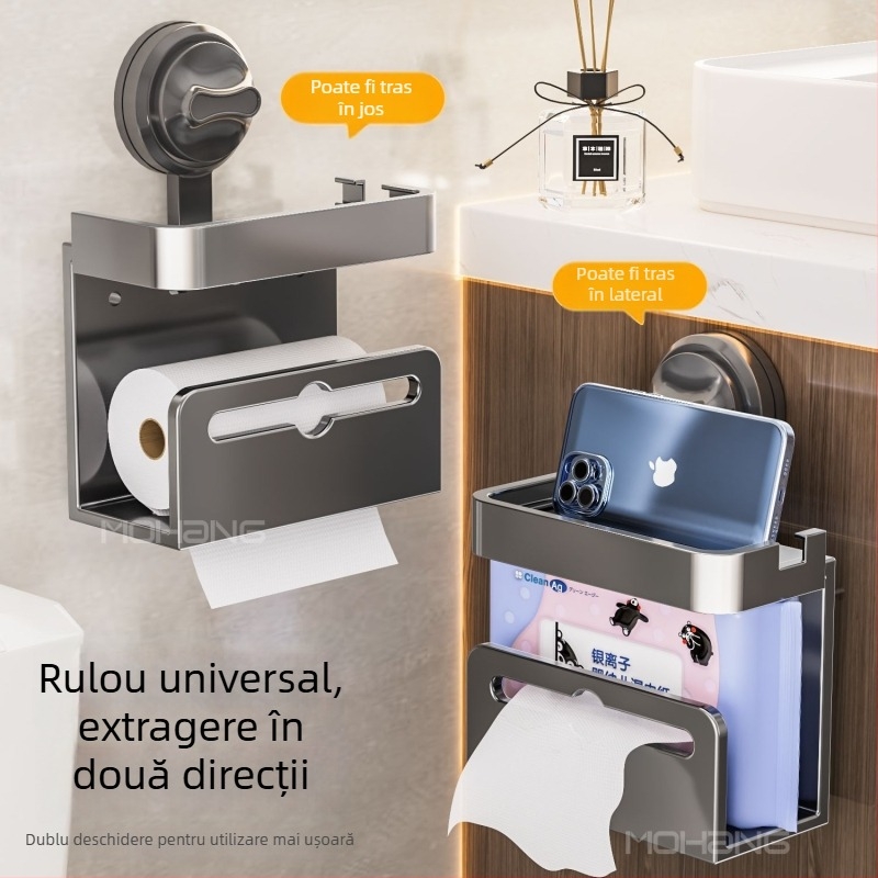 Cutie de șervețele montată pe perete cu ventuză pentru baie – oțel de carbon, impermeabilă, multifuncțională, compatibilă cu șervețele de hârtie detașabile