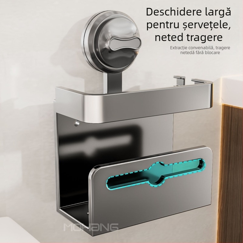 Cutie de șervețele montată pe perete cu ventuză pentru baie – oțel de carbon, impermeabilă, multifuncțională, compatibilă cu șervețele de hârtie detașabile